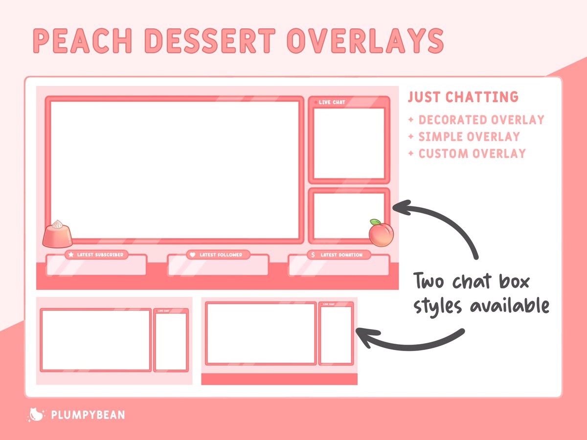 PlumpyBean's tweet image. TWITCH STREAM OVERLAY PRE-MADE PACK - Peach Dessert 🍑

Available on my Etsy!

etsy.com/shop/PlumpyBean