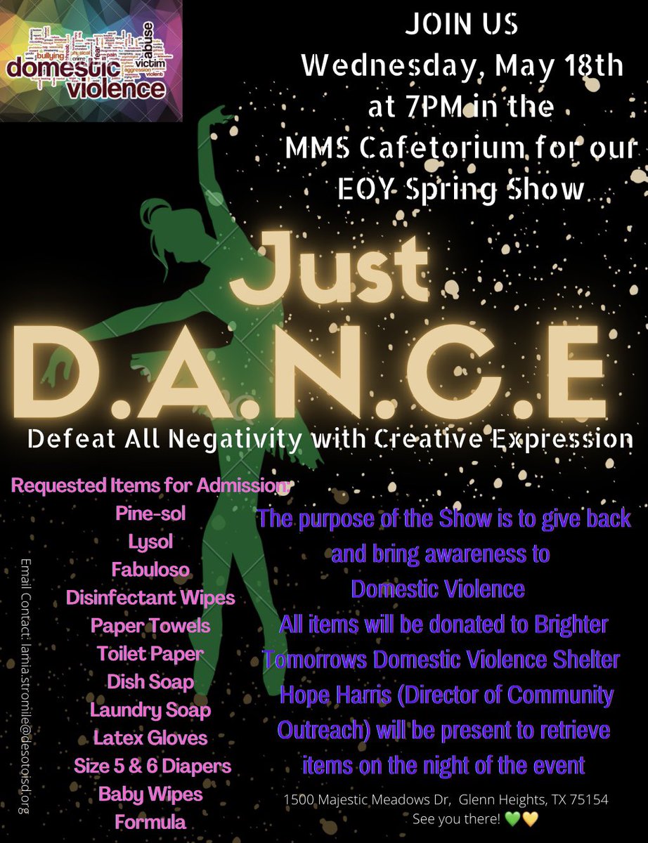 CMMS_DanceLife's tweet photo. COME OUT &amp; SUPPORT!!! ✨💚💛@CSMcCowanMiddl1 @desotoisdengage @desototx @DesotoISDa2e2 @SSS_DeSotoISD #DANCEisLife #MMSDanceLife @TasharaParker #DanceForACause #DomesticViolenceAwareness #JustDANCE #DefeatAllNegativitywithCreativeExpression https://t.co/DzmQCUeAEL