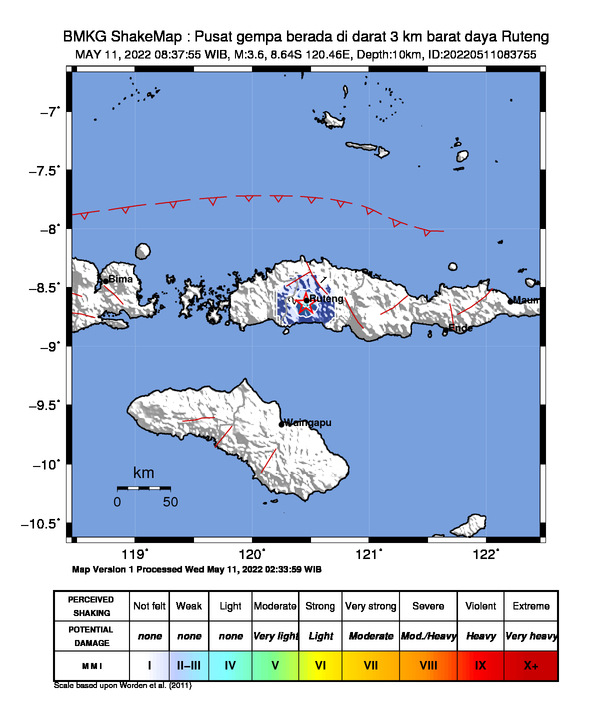 infoBMKG's tweet photo. #Gempa Mag:3.6, 11-Mei-22 08:37:55 WIB, Lok:8.64 LS, 120.46 BT (Pusat gempa berada di darat 3 km barat daya Ruteng), Kedlmn:10 Km Dirasakan (MMI) III-IV Ruteng #BMKG https://t.co/4uzveebPtY