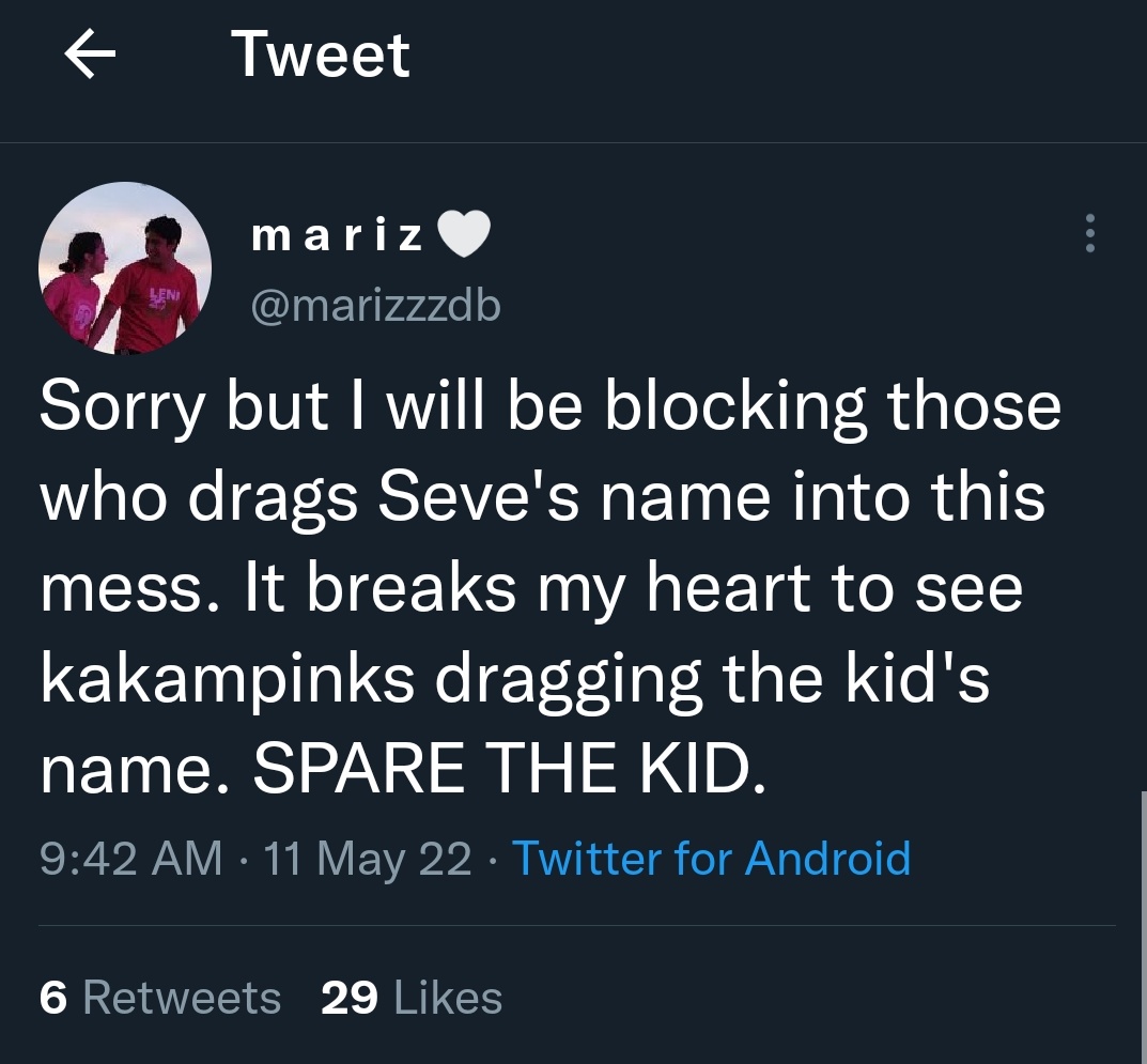 cherishername's tweet photo. Seve is trending and many people are blaming kakampinks for dragging the kid into this. 

but the these are the tweets from the kakampinks, demanding people to spare the kid from this.

Kasama po ang bata sa ating mga ipinaglalaban 🌷 https://t.co/Pw0sYU1Hlg