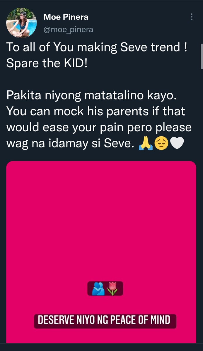 cherishername's tweet photo. Seve is trending and many people are blaming kakampinks for dragging the kid into this. 

but the these are the tweets from the kakampinks, demanding people to spare the kid from this.

Kasama po ang bata sa ating mga ipinaglalaban 🌷 https://t.co/Pw0sYU1Hlg