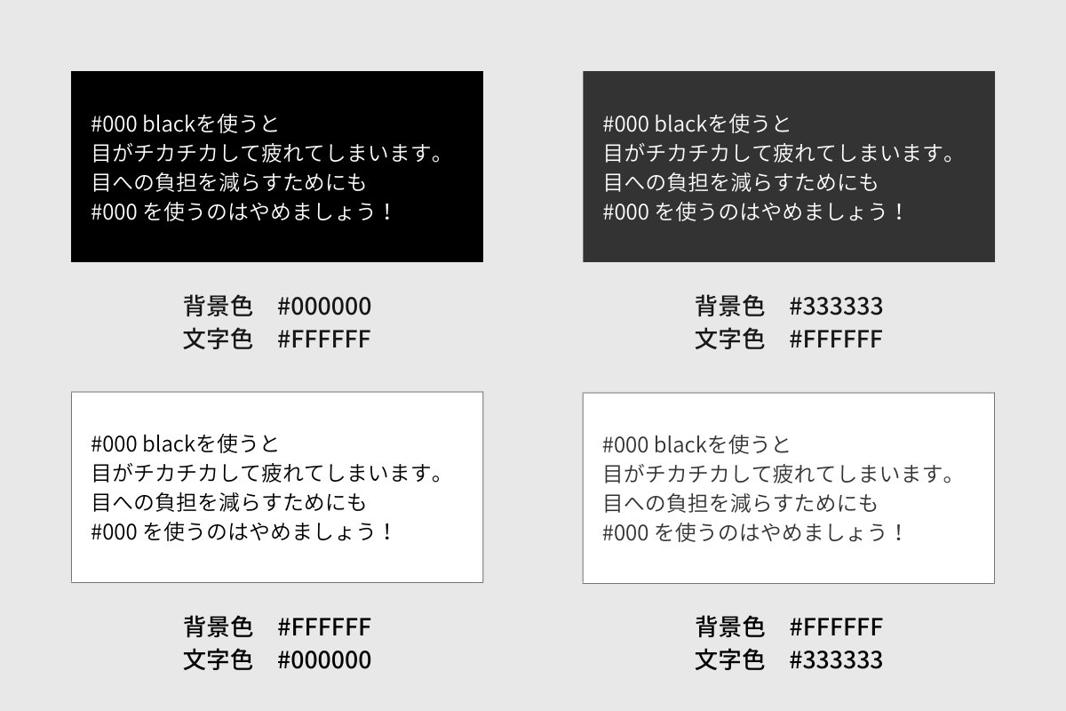 mminami_ai's tweet photo. ▶︎ デザイナーは純粋な黒を使わない

「#000000」を使用してしまうと明度差が大きく
目への負担が大きくなってしまいます。
黒を使う場合は、明度を調��しましょう。
私の場合は「#333333」を基準にしています。

#codolife #web制作 #webデザイナー https://t.co/kzOs8pxeHG
