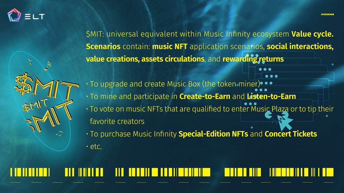 ELTblack's tweet photo. $MIT is an impressive all-in-one token developed for MUSIC- INFINITY🪙🎧
Today, we'll be sharing $MIT earning mechanics and its uses.
Find out more below👇🔥
#ElementBlack #NFT #SocialFi #GameFi #ELT https://t.co/mRg8NbwUuy