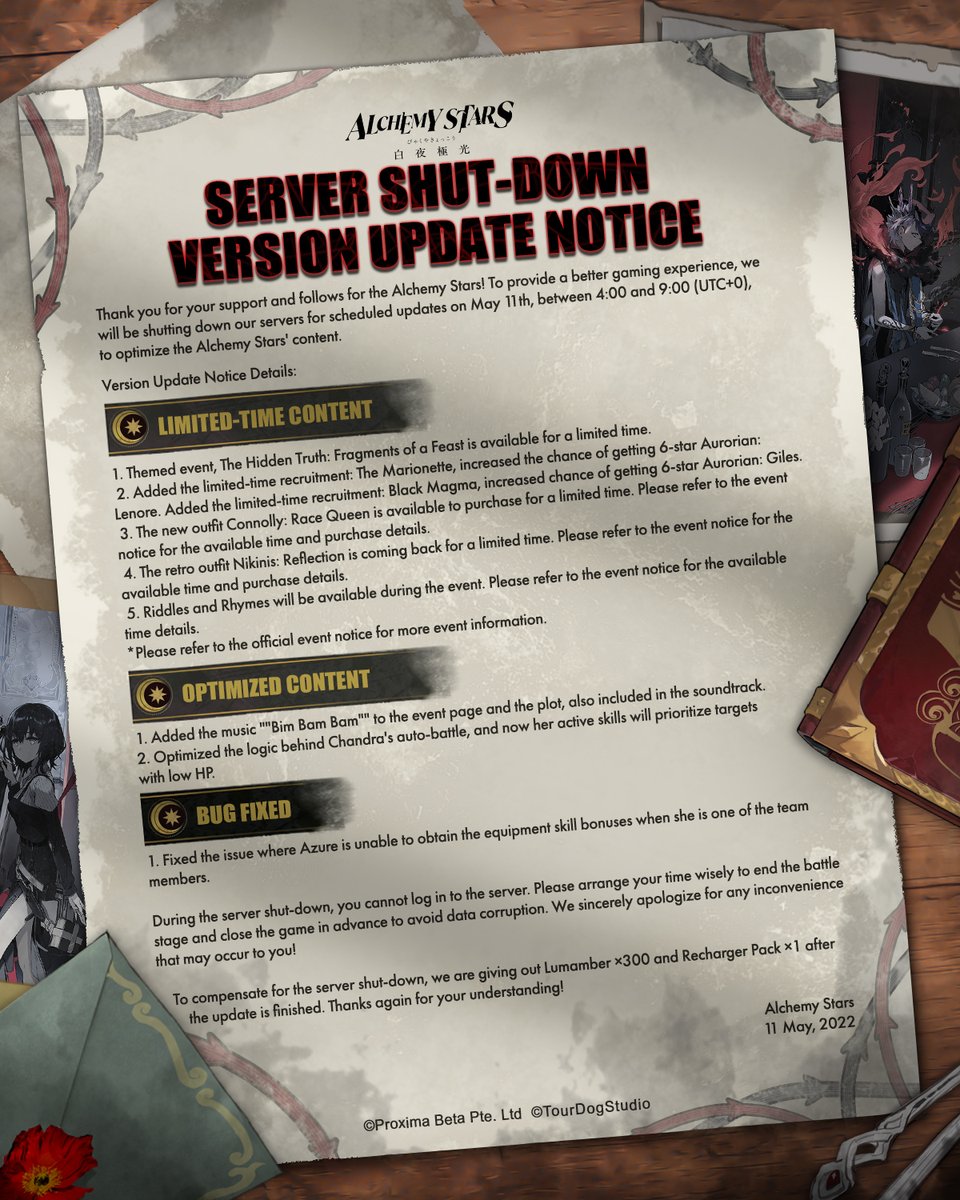 AlchemyStarsEN's tweet photo. Dear Navigators,

The previously scheduled maintenance will take place soon from May 11 04:00 to 09:00 (UTC+0).

Thank you for your understanding!

#AlchemyStars
#FragmentsOfAFeast https://t.co/S1hnO8VsSL