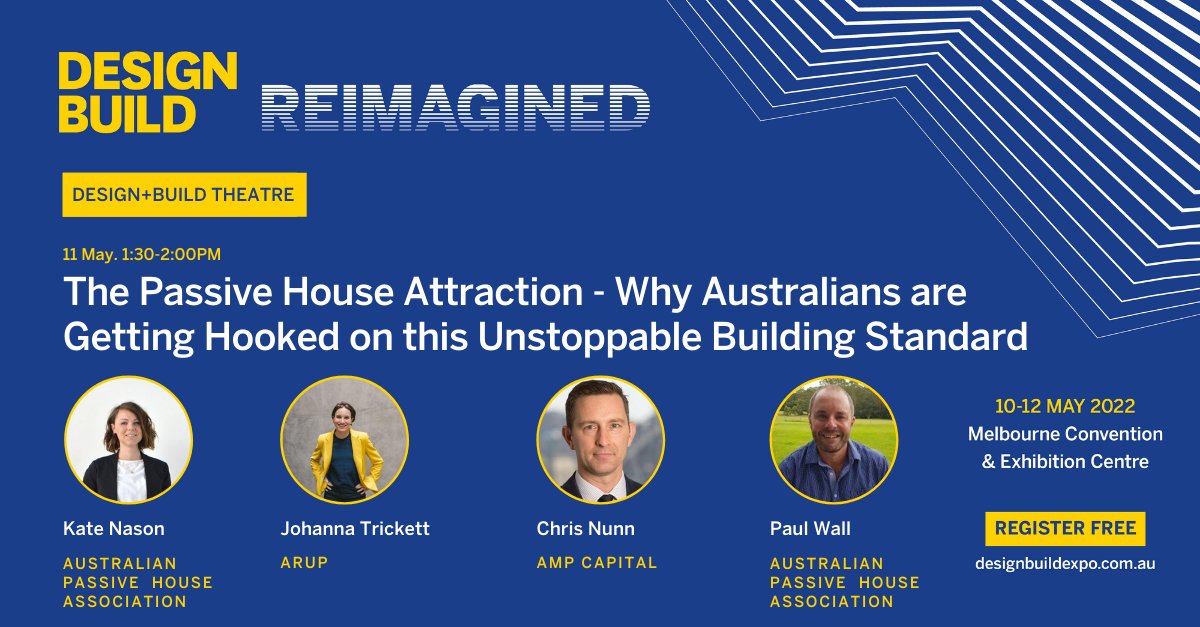 DesignBUILDexpo's tweet photo. Who's ready to discuss the Passive House standard? Join our panel at 1:30PM as they speak on it’s relevance in Australia as a method for designing and building high-performance buildings. Head over to the Design+Build Theatre &amp; grab your seat!

#DesignBUILD #DesignBUILDReimagined https://t.co/DkpRL43jzS