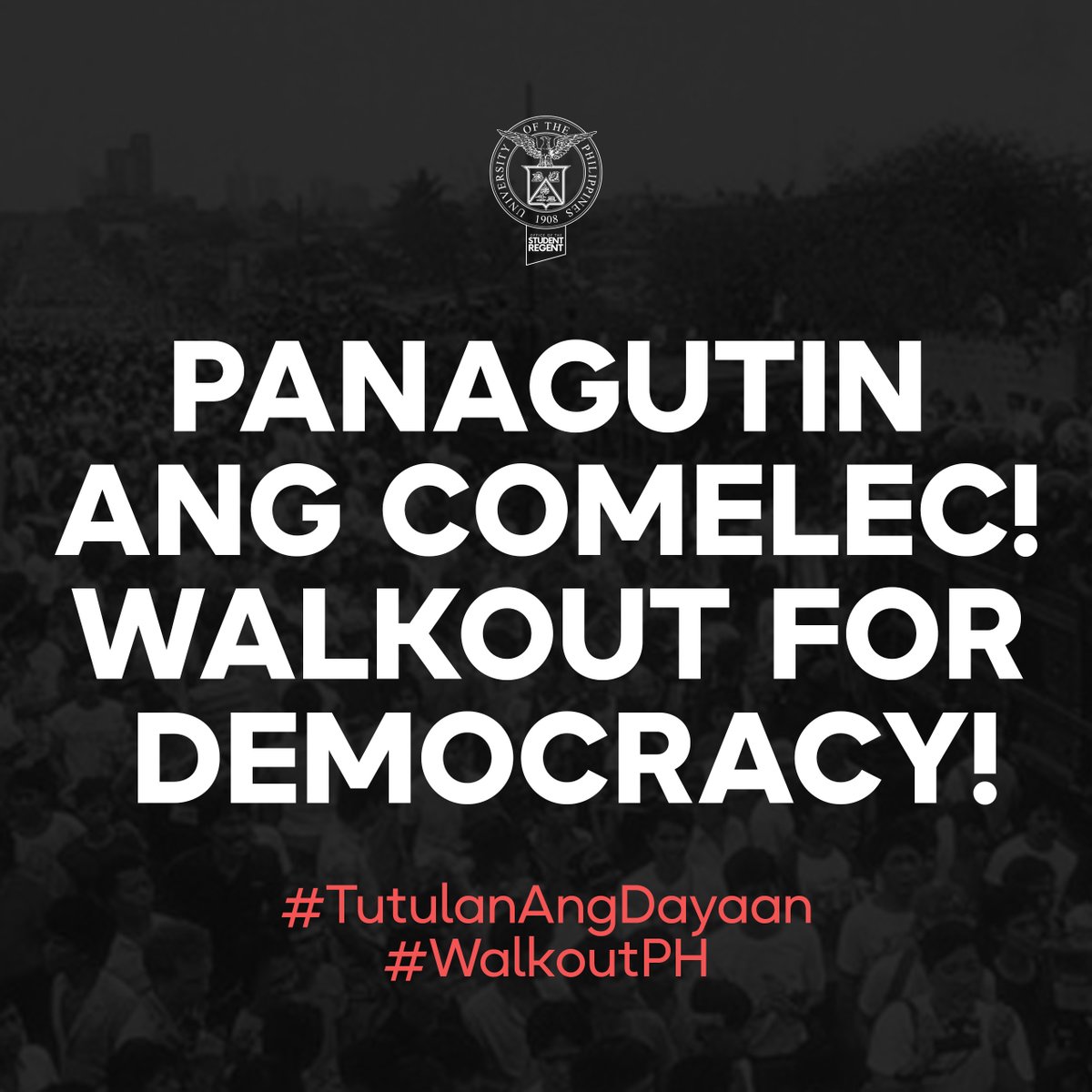 uposr's tweet photo. The UP OSR calls on all students and councils, organizations and publications to walkout of their classes and protest the widespread and rampant electoral fraud– which COMELEC enabled, abetted, and failed to address.
Read: https://t.co/kZb2he4bSu
#TutulanAngDayaan
#WalkoutPH https://t.co/cP4Ihgij7U