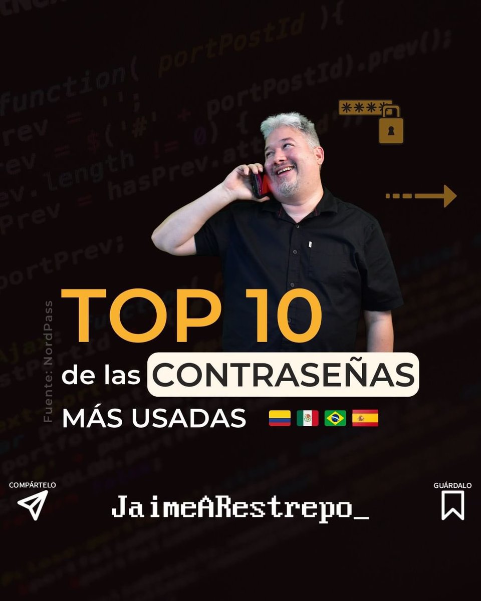 JaimeARestrepo_'s tweet photo. Top 10 de #contraseñas más usadas por países como #colombia #mexico y #españa https://t.co/vs83FMpPIl