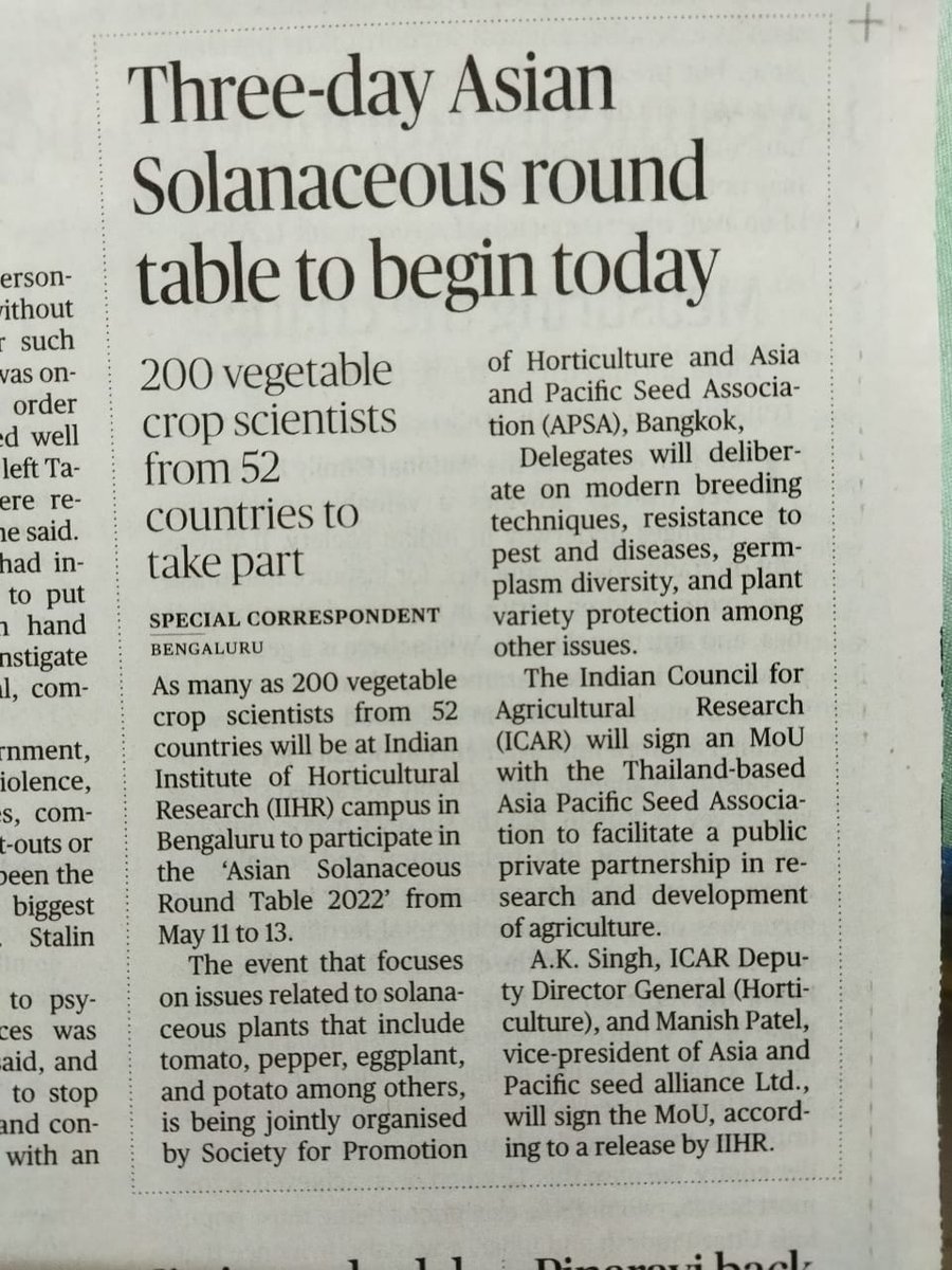 sphindia's tweet photo. @apsaseed in collaboration with @icarindia @ICAR_IIHR @sphindia is organising the 2022 Asian #Solanaceous Round Table (#ASRT4) at @ICAR_IIHR, Bengaluru from 11th - 13th May 2022.
https://t.co/c33p1wLX55
@AgriGoI @WorldVegCenter @FAO @APAARI https://t.co/ne5ccHX9e8