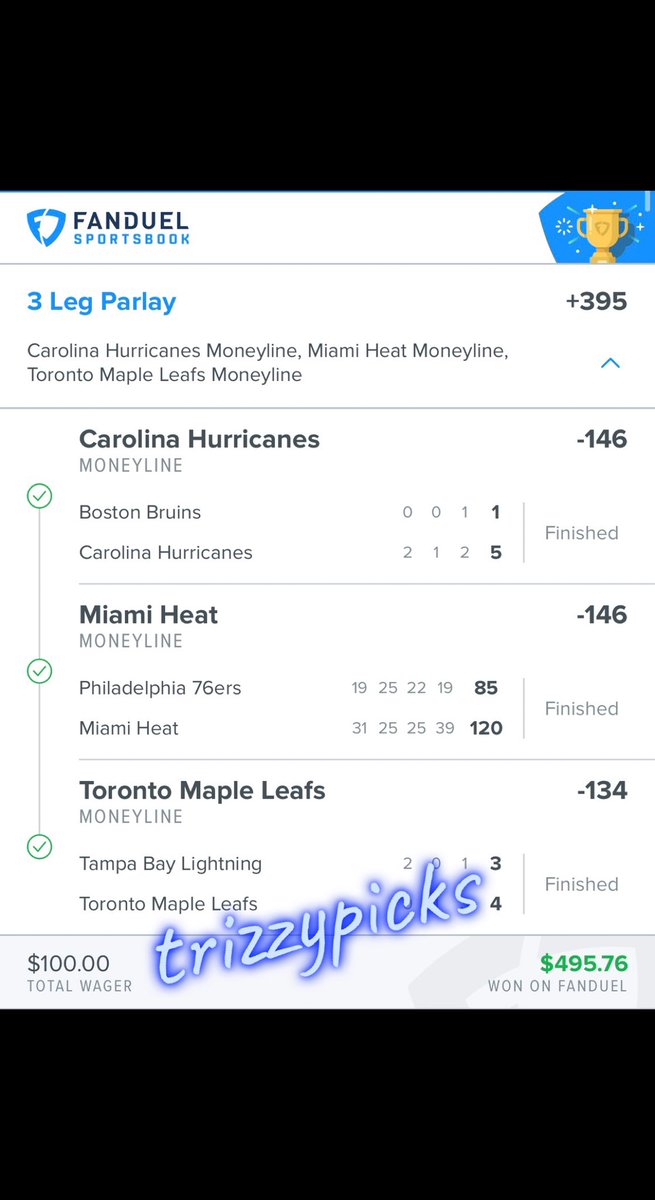 trizzypicks's tweet photo. LETS GOOO. ALL FREE

NBA 🏀 3-0, 27-5 L32

MIA Heat 1H ML ✅
MIA Heat -3 ✅
MIA Heat ML ✅
SUNS LIVE ML *PENDING 

NHL 🏒 2-0, 6-1 L7
CAR Hurricanes ML ✅
TOR Maple Leafs ✅
MIN Wild *PENDING 

NOBODY IS ON MY LEVEL. 20+ STRAIGHT DAYS IN GREEN ✅

Parlayed my picks tonight 🤑🤑🤑 https://t.co/bsYH1D06Fm