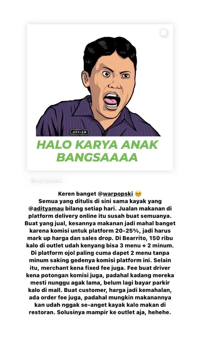 alandakariza's tweet photo. Kemarin @warpopski berhenti jualan di platform delivery online karena menurutnya harga menu/produk jadi kemahalan buat customer, banyak biaya buat resto (merchant), dan nggak mensejahterakan driver juga. Semua benar 🥺

Berikut beberapa cerita soal UMKM F&amp;B dan platform delivery. https://t.co/ipbGUIM8iR