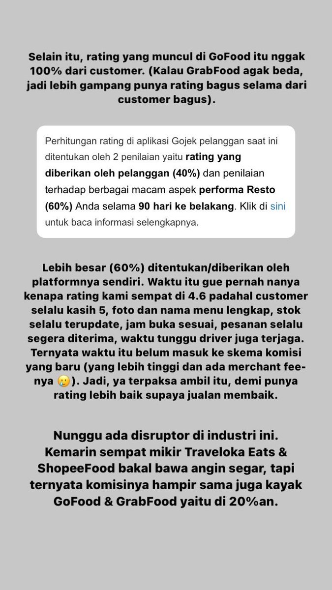 Kemarin <a href="/warpopski/">BANG HAKIEM</a> berhenti jualan di platform delivery online karena menurutnya harga menu/produk jadi kemahalan buat customer, banyak biaya buat resto (merchant), dan nggak mensejahterakan driver juga. Semua benar 🥺

Berikut beberapa cerita soal UMKM F&amp;B dan platform delivery.