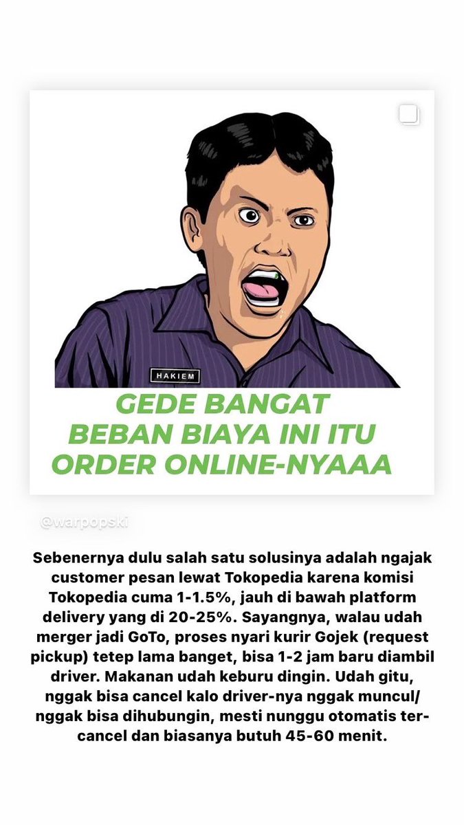 alandakariza's tweet photo. Kemarin @warpopski berhenti jualan di platform delivery online karena menurutnya harga menu/produk jadi kemahalan buat customer, banyak biaya buat resto (merchant), dan nggak mensejahterakan driver juga. Semua benar 🥺

Berikut beberapa cerita soal UMKM F&amp;B dan platform delivery. https://t.co/ipbGUIM8iR