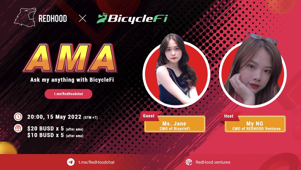 0xKn0wl3dge's tweet photo. 🎉 AMA  RedHood with Bicyclefi 🎉 
⏰ Time : 20:00, 15 May 2022 (GTM +7)
🗣 Guest : Ms.Jane - CMO of BicycleFi
💰 Reward 1 : 20 USDT x 5 slot (For member REDHOOD )
💰 Reward 2 : 10 USDT x 5 slot (Free for all )
👉 Check out here : https://t.co/0b9bN5caHF
#RedHood #AMA #BicycleFi https://t.co/o4bDURLfAL