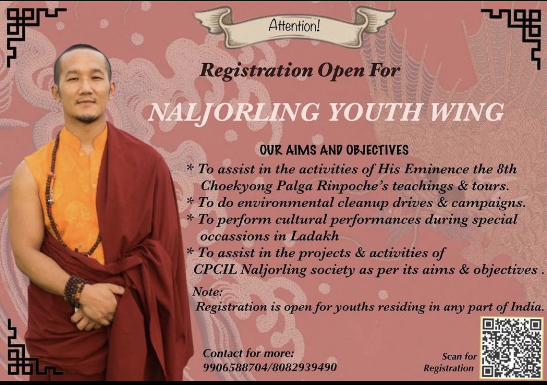 Tsering_gaphel's tweet photo. His eminence #Palgarinpoche giving u this opportunity to something meaningful in your lives for the sake of others. It is open for all youth age btw : 18-35 irrespective of race, caste, religion,gender.
Scan & Register or you can contact below 👇 numbers.
#CPCIL #youth #goodwork https://t.co/9vULC5rsVb