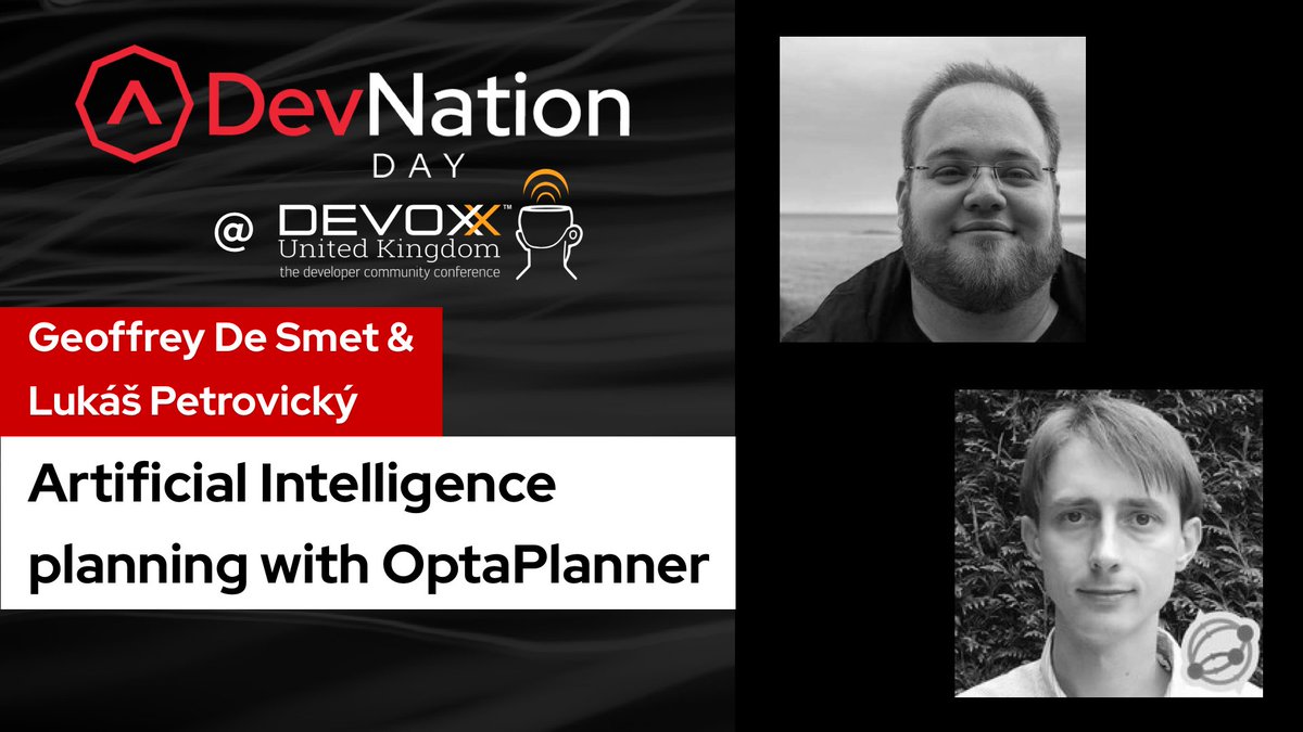 rhdevelopers's tweet photo. Code a high school timetabling application with #OptaPlanner to generate the perfect lesson schedule for both students and teachers, taking into account hard and soft constraints, all on #DevNation Day @ #DevoxxUK with @GeoffreyDeSmet & Lukáš Petrovický. https://t.co/Fz00xR7J9N https://t.co/BQSbDomUFa