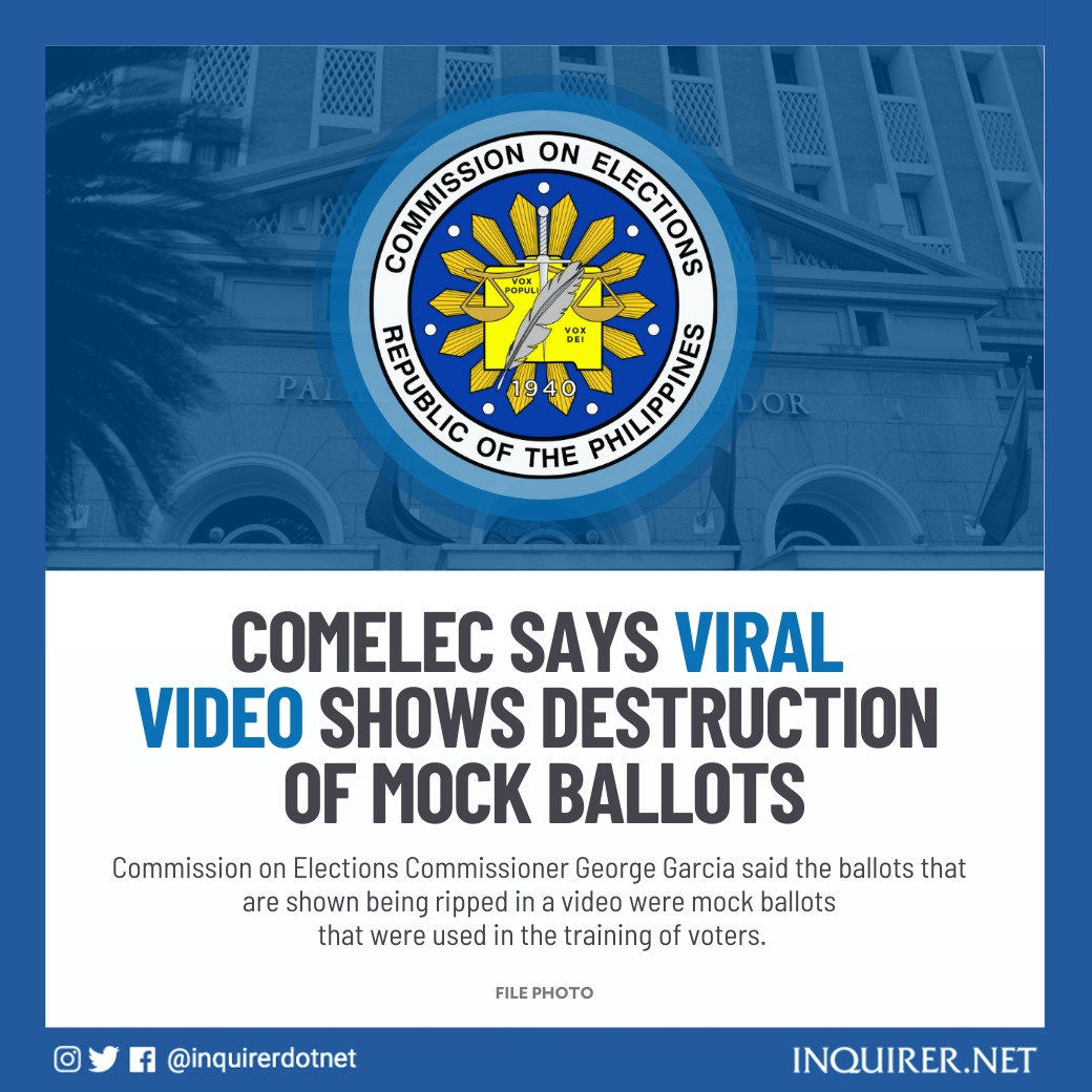 inquirerdotnet's tweet photo. Comelec Commissioner George Garcia said the ballots that are shown being ripped in a video were mock ballots that were used in the training of voters.

READ: https://t.co/AlbM5fV0ZQ https://t.co/BNYxH2P4wT