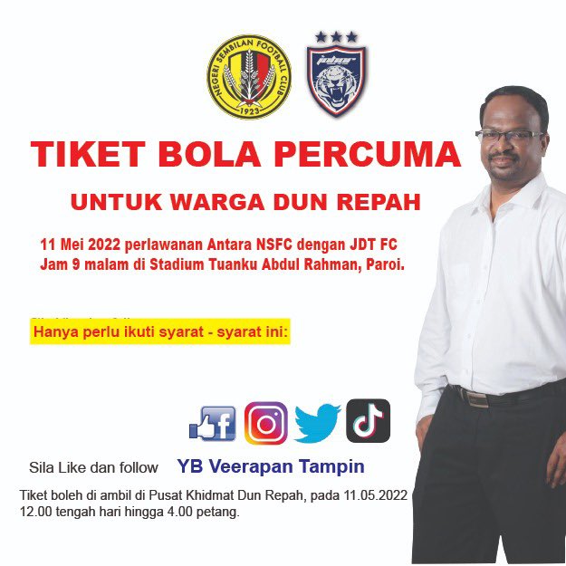 YBVEERAPAN's tweet photo. _100 TIKET PERCUMA_ _Tiket boleh ambil di Pusat Khidmat Dun Repah pada 12.00 tengah hari hingga 4.00 petang, 11 Mei 2022._ #YBVEERAPAN #DAP #ADUNREPAH #PakatanHarapan #Repah #NegeriSembilanBersihMuafakatSejahtera https://t.co/fdv8h7sv6K