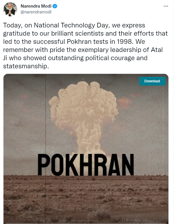 ANI's tweet photo. On #NationalTechnologyDay, Prime Minister Narendra Modi expresses gratitude to scientists and their efforts that led to the successful Pokhran tests in 1998. https://t.co/gZCHWM8o5q