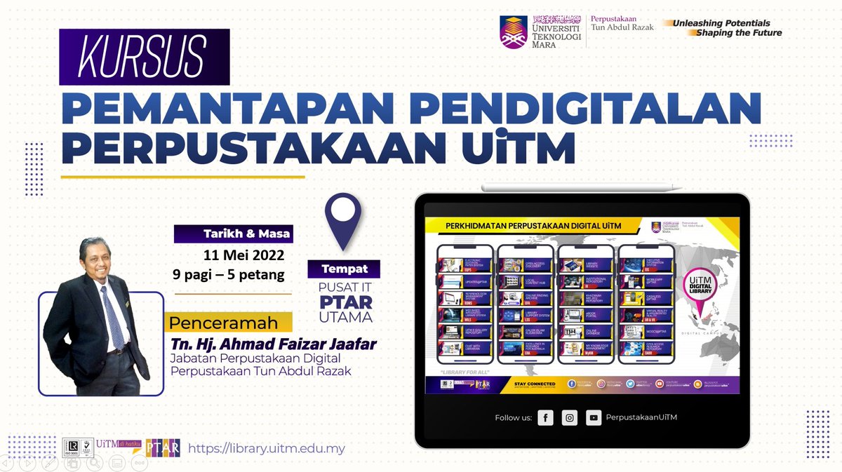 faizar's tweet photo. Kursus Pemantapan Pendigitalan Perpustakaan Digital bagi Staf Pelaksana Perpustakaan UiTM
#DigitalLibrary
#Digitalmarker
#Cashless
#MobileApps
#IOT
#Robotics
#VirtualLibrary
#CloudLibrary
#BeaconLibrary
#AI #AR #VR #MR
#Metaverse https://t.co/Q0GIO0XUyd