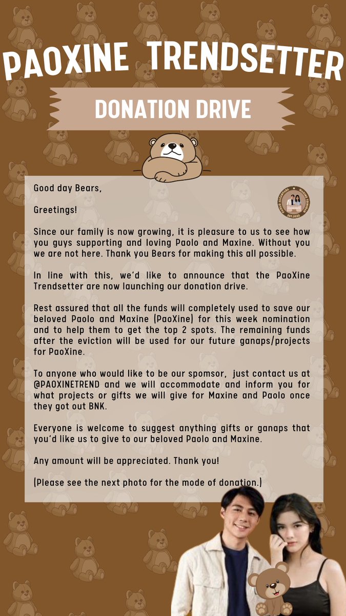 paoxinetrend's tweet photo. Good day Bears! 🧸🤎
‼️ANNOUNCEMENT‼️

PaoXine Trendsetter are now launching our donation drive. Rest assured that all the funds will completely used properly.

Any amount will be appreciated. Thank you! 🧸🤎

(Please see the attached photo for the mode of donation.)

#PaoXine https://t.co/ErdZXiS8Ak