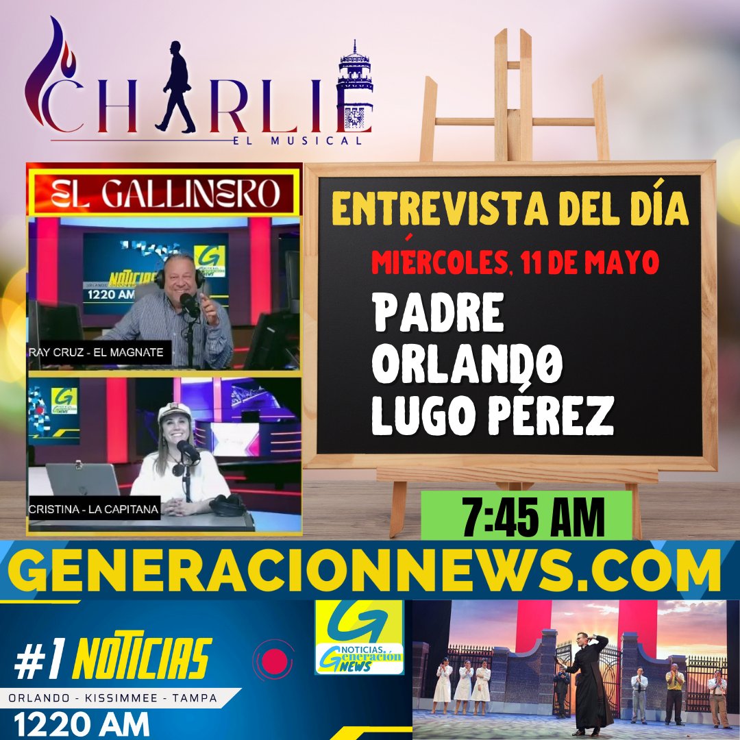 Estemiércoles a las 7:45 am conectate con generacionnews.com donde <a href="/RayCruzSantiago/">Ray Cruz Santiago</a> y Cristina Sainz entrevistan a nuestro dramaturgo el sacerdote Padre Orlando Lugo en El Gallinero en vivo desde <a href="/NoticiasNGN/">Noticias Generacion News</a> <a href="/PadreOLugo/">P. Orlando Lugo</a> <a href="/JACConsultores/">JAC_Consultores</a> <a href="/charliecaguas/">CharlieElMusical</a> <a href="/caguasgovpr/">Municipio Autónomo de Caguas</a> <a href="/Claribel7/">Claribel Morales Bemúdez</a>