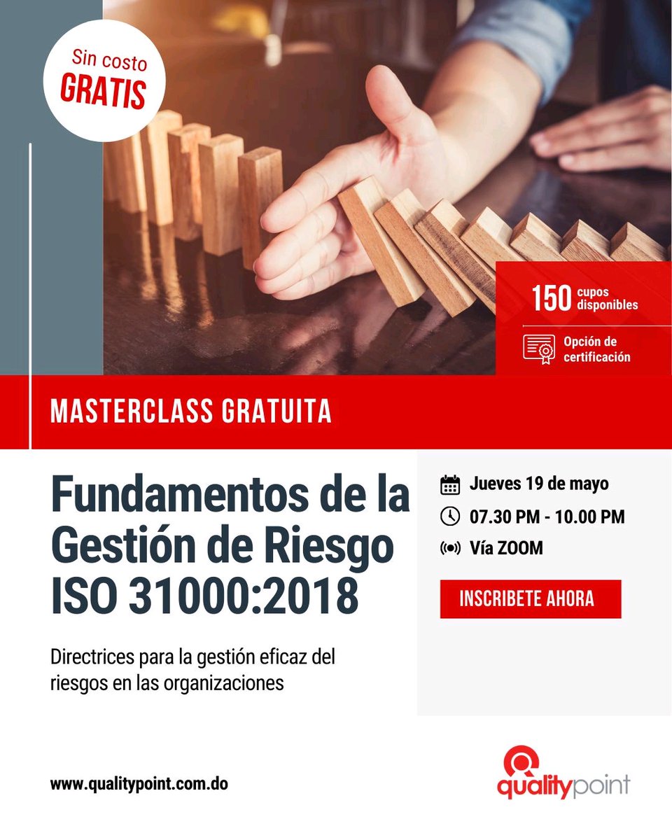 DevsMundo's tweet photo. 🆓 Masterclass Gratuita | Fundamentos de la Gestión de Riesgo ISO 31000:2018 avalada por QualityPoint.
Debes acceder al siguiente enlace 👇y seguir las instrucciones de la publicación, son simples pasos.
https://t.co/xwtCwaBrqZ
#qualitypoint @qualitypoint @QualitypointRD https://t.co/ENr22vl6A7
