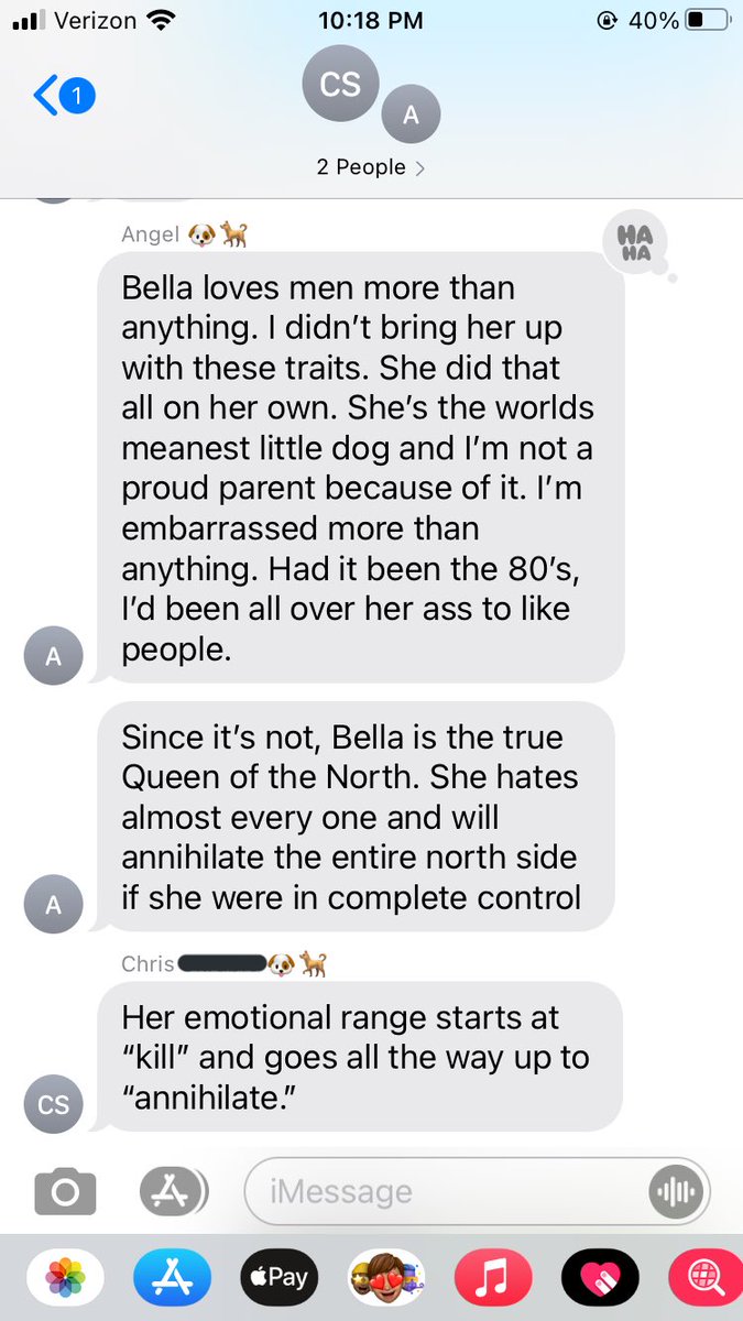 thesamesom's tweet photo. I just went through my old texts with my favorite couple that I walked dogs for. I have been dying laughing for the last half hour 😂😭

Dor is Chris’s dog, and Bella is Angel’s 😂 https://t.co/HD5XJv4tFz