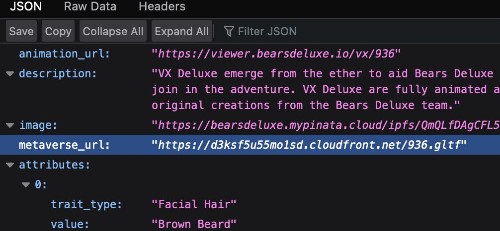 spatializes's tweet photo. 1/4 Hard to explain how important this is. 

The 3D model for your @bears_deluxe VX is accessible directly from the NFT's metadata. This is huge

It allows for open, interoperable, and permissionless metaverses. These bears can go anywhere https://t.co/aBURr9zCxt