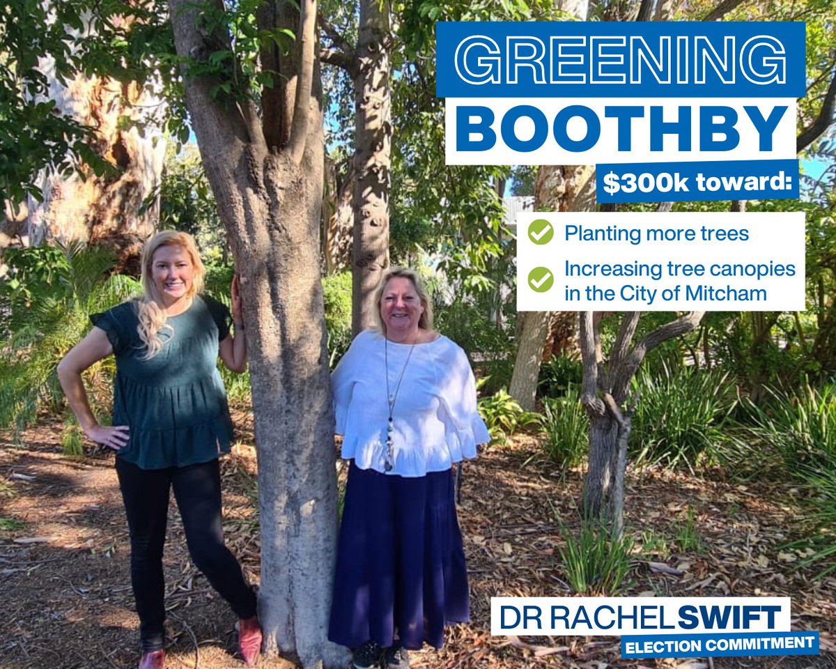 Greening Boothby includes $300,000 for the City of Mitcham to expand its tree canopy project, helping keep temperatures down, improve air quality, reduce stormwater runoff and provide habitats for our wildlife.

📌 <a href="/CityofMitcham/">Mitcham Council (SA)</a> 
📌 @DrHeatherHR