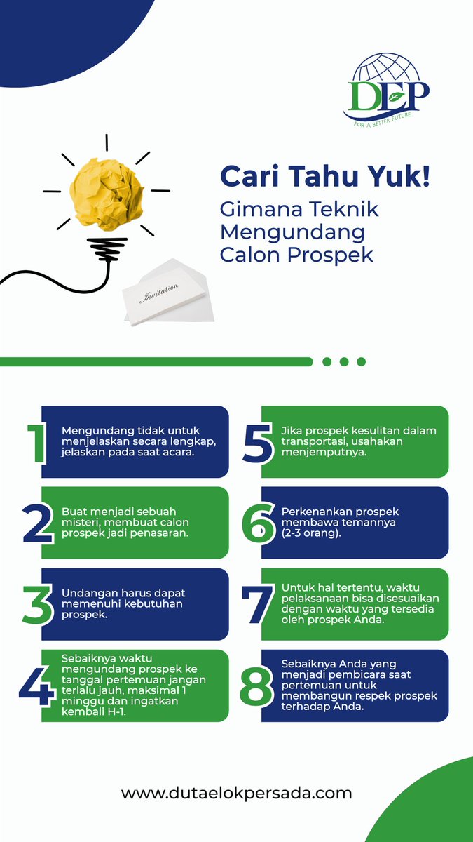 dep_id's tweet photo. Sebelum memilih dan menjalankan sebuah bisnis, kamu akan dihadapkan oleh sebuah kata: PROSPEK. 
Salah satu cara paling ampuh dalam merekrut calon prospek adalah dengan mengajaknya/ mengundang ke pertemuan.
#dutaelokpersada #dep #business #prospek #prospecting #WeCanDoIt https://t.co/7LKv3pkp9s