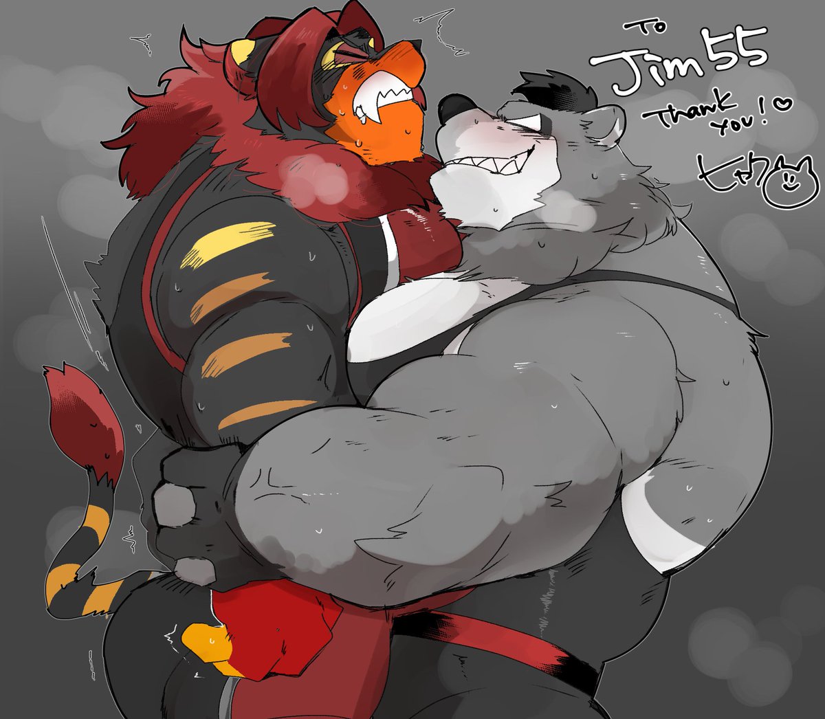 SoddersLiger's tweet photo. Recieved an early birthday art commission from @jimy55 ! His Bear character Heavy giving me a bearhug. Last time these two fought, Heavy was getting the bearhug!

Art by  @hyaku1063 https://t.co/H0zSrZBW2J