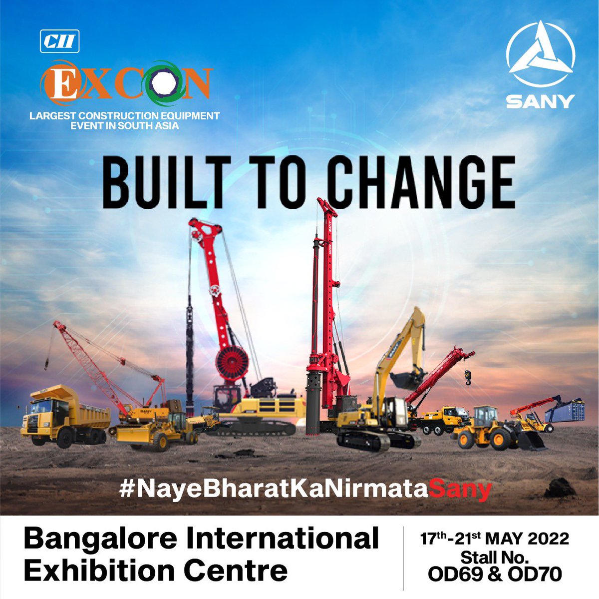 SanyIndia's tweet photo. #Sany invites you to the Largest Construction Equipment #Exhibition of South Asia, @CII_Excon at Bengaluru International Exhibition Centre from 17th to 21st May.
Come experience the change as we lay the foundations of a new India as the ‘#NayeBharatKaNirmata’.
#SanyIndia #Excon22 https://t.co/qdVNZsaPzq