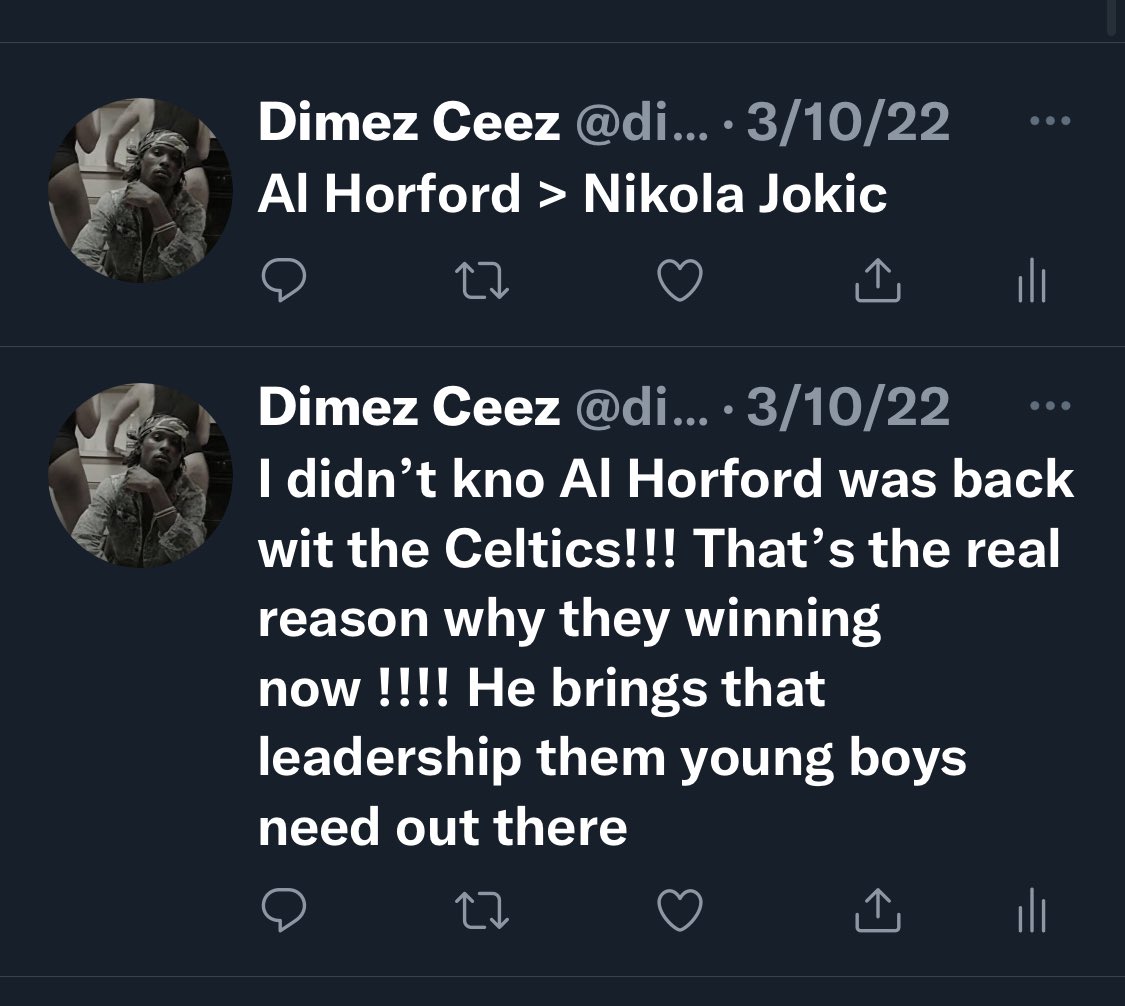 dimezc's tweet photo. These cats is new to the @Al_Horford wave !!! Keep showing these fools u the best on the court #checkthedates Al Horford been that . https://t.co/vekz2UOX38
