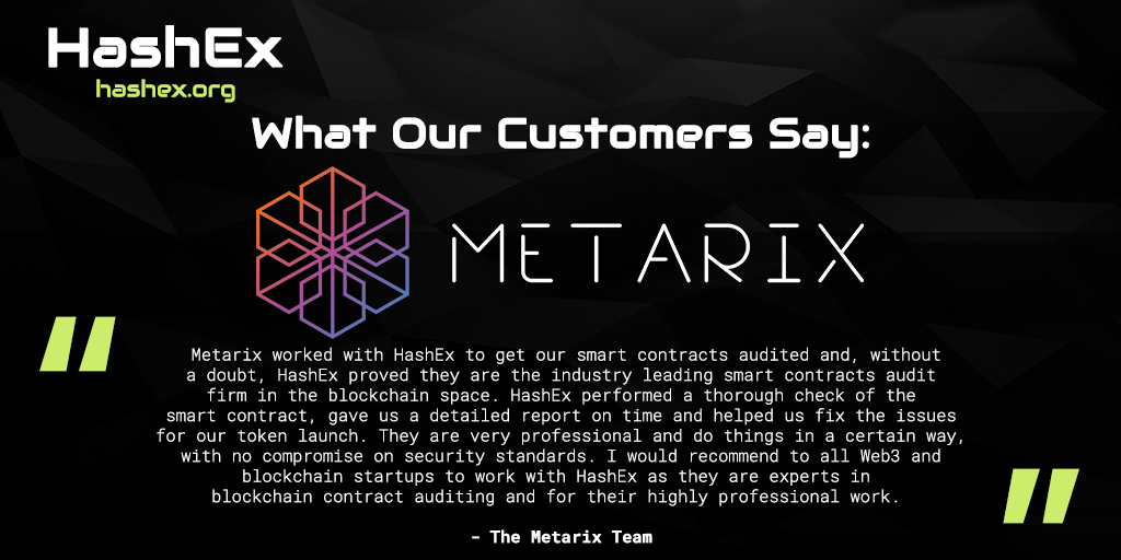 HashExOfficial's tweet photo. #HashEx was commissioned by @The_Metarix to audit their smart contracts.
 
Metarix is the first decentralized layer 2 blockchain for gaming NFTs and the Metaverse, as well as a Digital Marketing Platform through the Metaverse. https://t.co/DwYFADHXhf