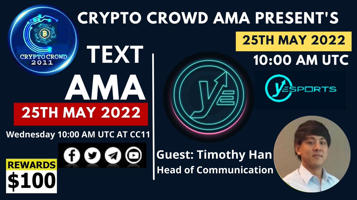 Mark_1X2's tweet photo. ⚔️ AMA Series With Yesports

💰: 100$ USDT
⏰: May 25, 2022 10:00 AM UTC
🏠: https://t.co/I9JVq1JX0x

📍 Rules:

1️⃣. Follow 
@yesports_gg?s=11
   &amp;
@CryptoCrowdNews

 2️⃣. Like Retweet &amp; Comment Your Questions (5 Questions Max) Tag 3 friends. https://t.co/xiC8QoPbDg