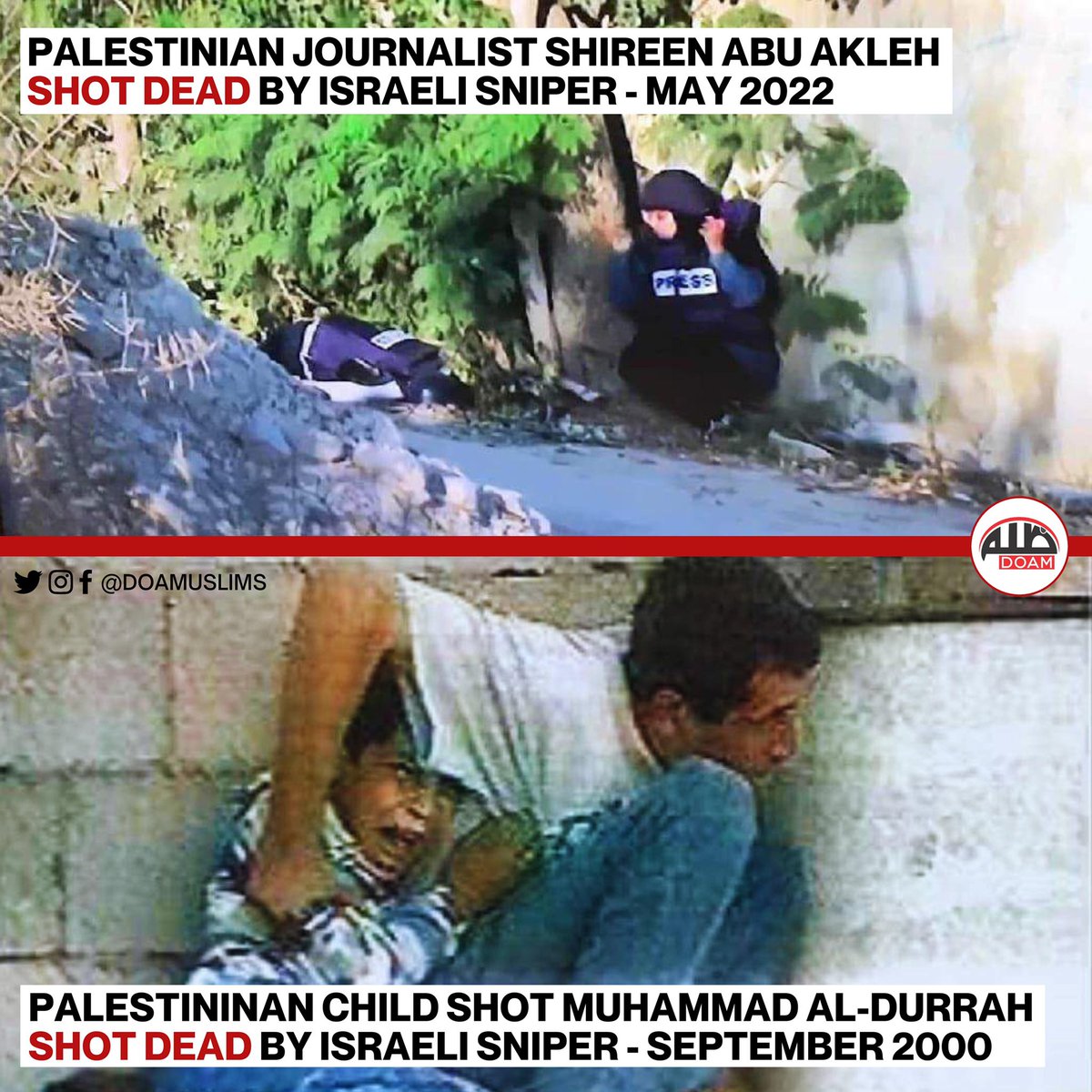 GutsyVoice's tweet photo. Life Under Occupation 

Palestinian Journalist Shireen Abu Akleh - Shot dead by Israeli sniper - May 2022

Palestinian child Mohammad al-Durrah  shot dead by Israeli soldiers - September 2000

#Palestine #ShireenAbuAqla #ShireenAbuAkleh https://t.co/tlEYIiYHX6