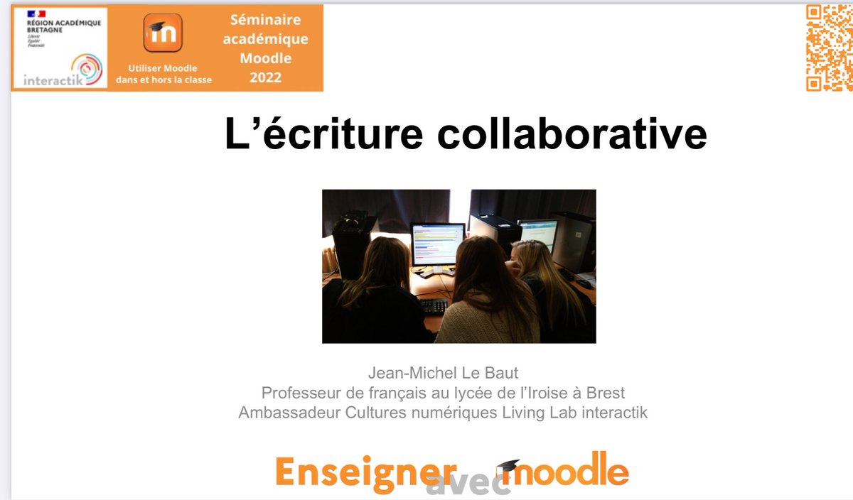 jmlebaut's tweet photo. L’écriture collaborative : défis pédagogiques et enjeux culturels dans une conférence au séminaire #MoodleAcRennes2022 https://t.co/oQTn1dlqqY
Supports de la conférence : https://t.co/mXDIZWPgqQ https://t.co/nitUkt0Oe8