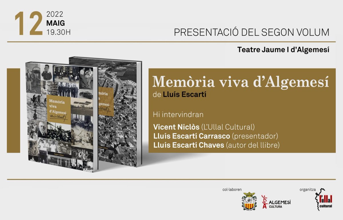 aj_algemesi's tweet photo. 📍Demà dijous presentació del llibre Memòria viva d'Algemesí a les 19.30 h al Teatre Jaume I📚 https://t.co/KgzxqoVbkO
