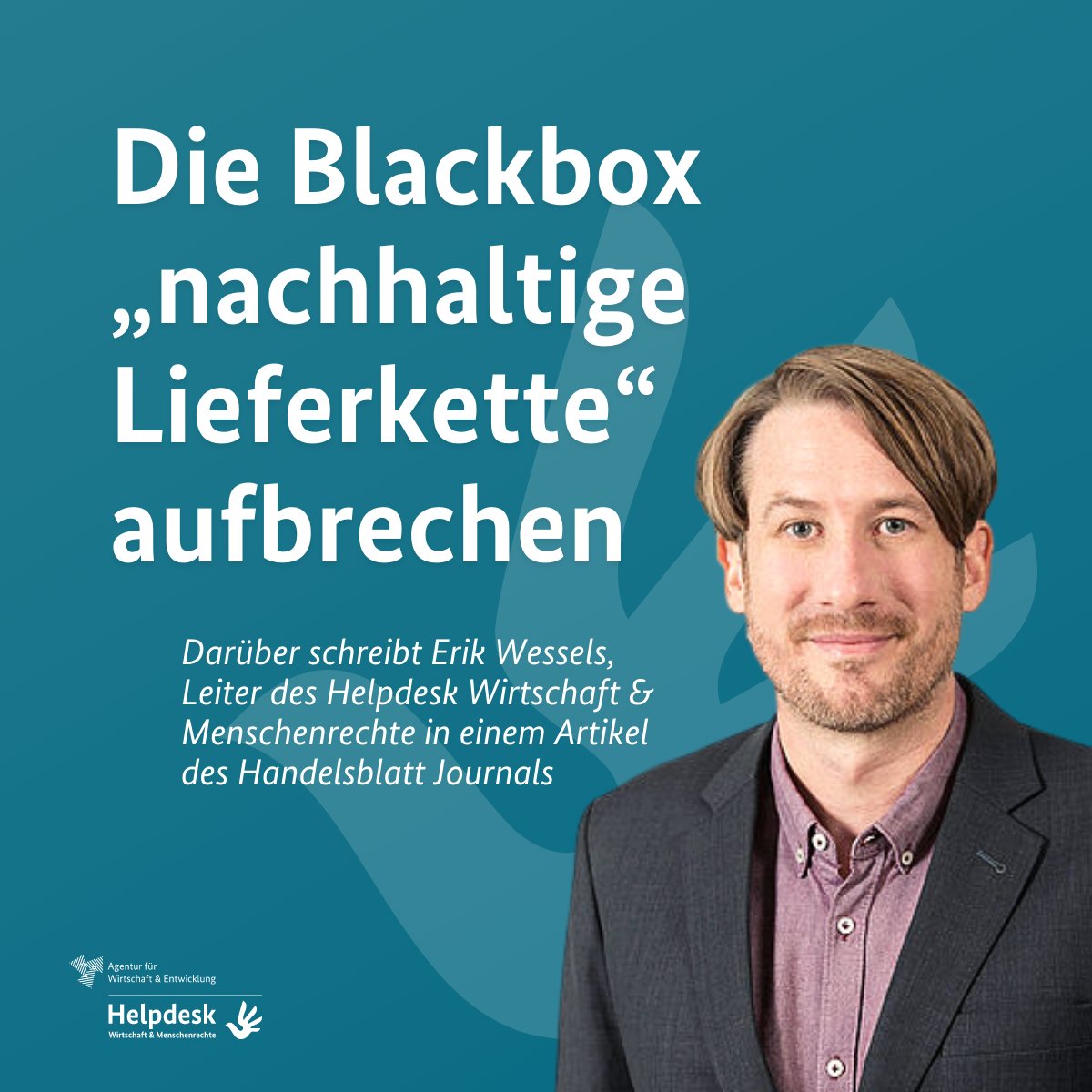 HelpdeskWiMR's tweet photo. Was steckt hinter der Blackbox “nachhaltige #Lieferkette”? Erik Wessels (@wessiakafrog) deckt dies im @handelsblatt auf! Erfahren Sie was hinter dem #Lieferkettengesetz steckt & wie der #HelpdeskWiMR Sie beim Umsetzen von #Sorgfaltspflichten unterstützt: https://t.co/D31FuuIzzc https://t.co/0fDYxALzFc