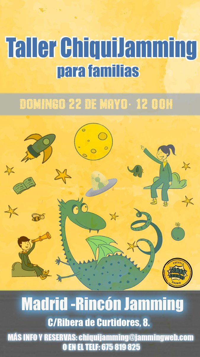 ¿Ya te has apuntading con toda la familia?
¡Venid a  ChiquiJamming! Un espacio donde crear, reír y disfrutar juntings.

📬 chiquijamming@jammingweb.com 
📍 Madrid