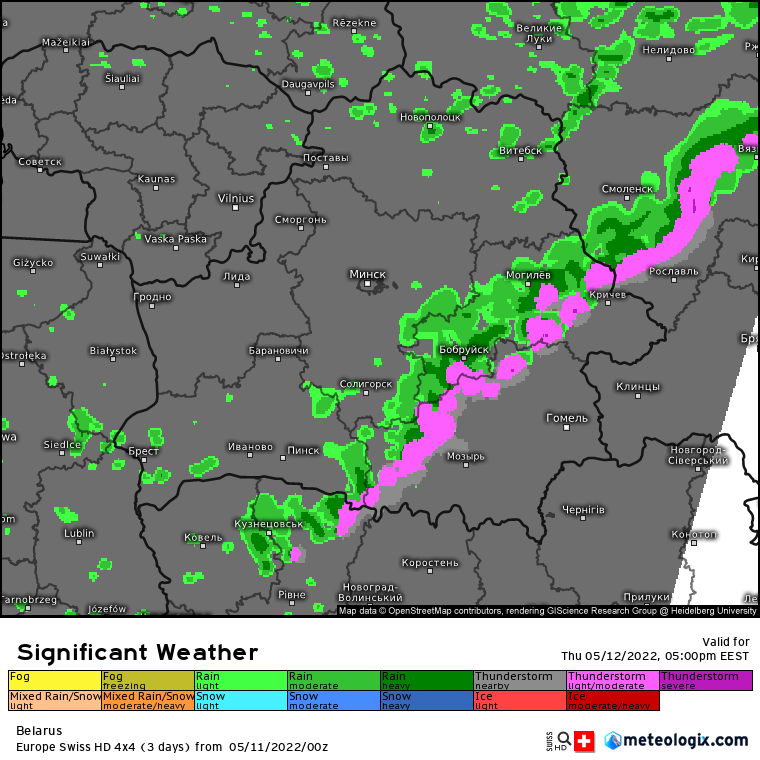 kairokiitsak's tweet photo. Thunderstorms are expected tomorrow in the Baltic region, in Belarus all the way to N-Ukraine and W-Russia. Also some activity is expected in Sweden and Finland. ECMWF based Swiss 4x4 km HD model shows the formation of damaging squall line over Belarus ahead of the cold front. https://t.co/RV2mRtu6Ce