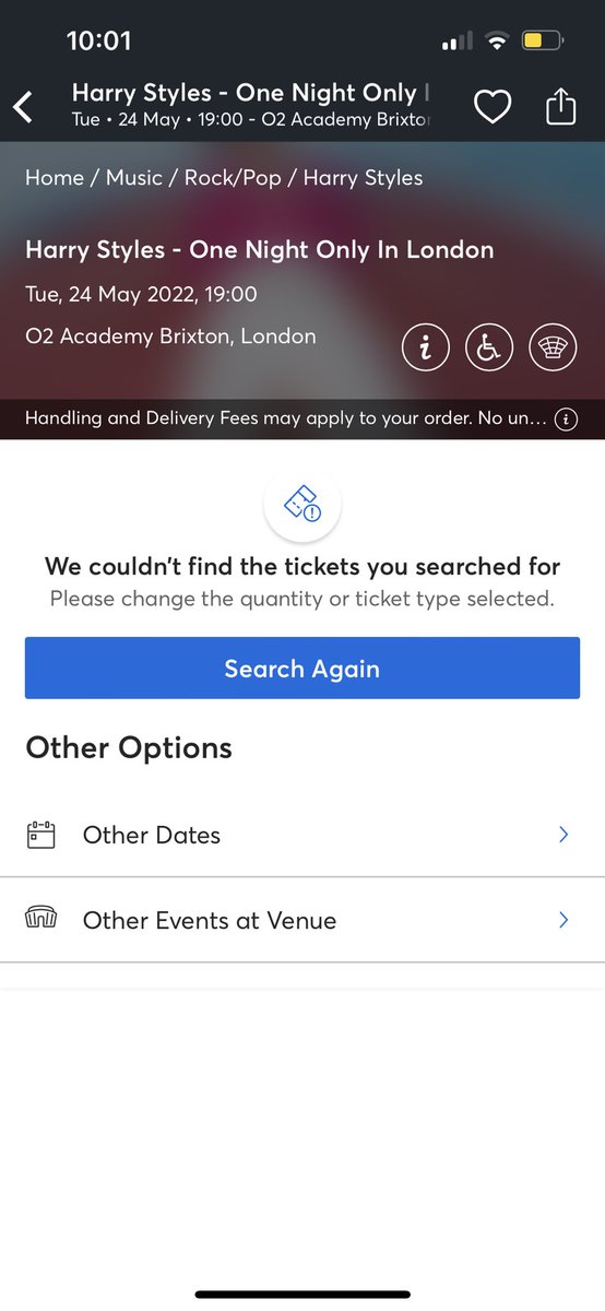 UkAngelx19's tweet photo. 10am on the dot and Harry styles one night only London tickets are already sold out 🙃💔 #harrystylesONO #onenightonlylondon #onolondon https://t.co/pnAYtA2rvm