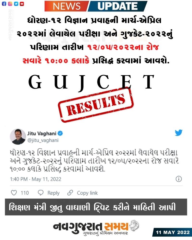 navgujaratsamay's tweet photo. ધોરણ-૧૨ વિજ્ઞાન પ્રવાહની માર્ચ-એપ્રિલ ૨૦૨૨માં લેવાયેલ પરીક્ષા અને ગુજકેટ-૨૦૨૨નું પરિણામ તારીખ ૧૨/૦૫/૨૦૨૨ના રોજ સવારે ૧૦:૦૦ કલાકે પ્રસિદ્ધ કરવામાં આવશે.

શિક્ષણ મંત્રી જીતુ વાઘાણી ટ્વિટ કરીને માહિતી આપી.

#gujcetexam #result #announcement #students #std12th #scienceresult https://t.co/753Zsbx19e