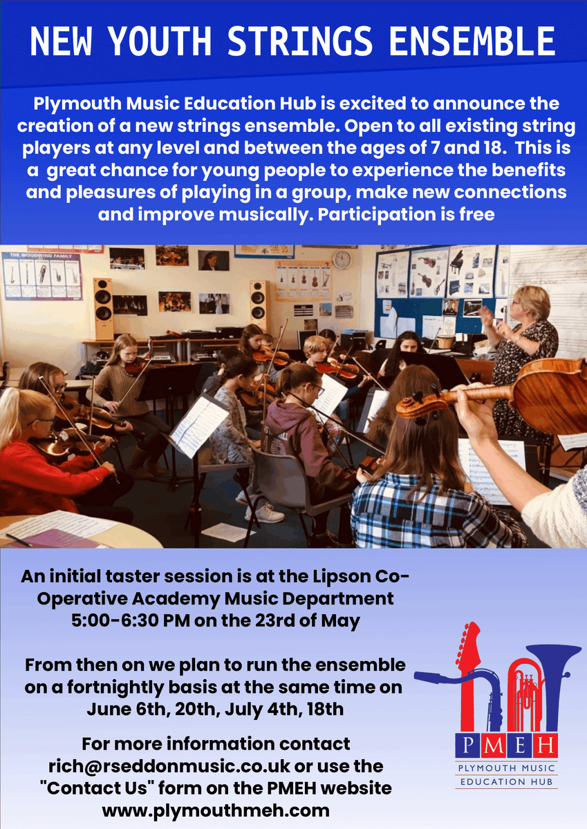 We are excited to announce the creation of our new strings ensemble. Open to all existing string players at any level and between the ages of 7 and 18.  Participation is free. For more information contact rich@rseddonmusic.co.uk