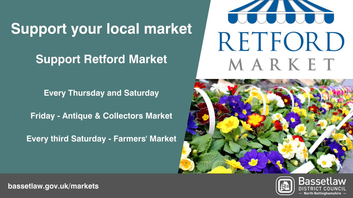 BassetlawDC's tweet photo. Support our market traders by getting your fresh produce &amp; more from #Retford Market. Markets are held every Thursday &amp; Saturday. A wide range of products including Fruit &amp; Veg, Flowers, Bread, Eggs, Clothes and more. 

#ShopLocal #RetfordMarket #SupportYourLocalMarket https://t.co/HqsYRJ9LSv