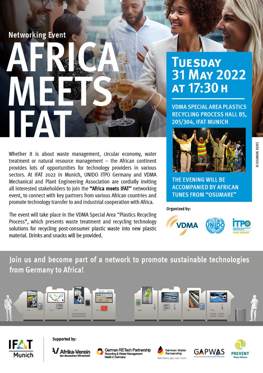 Environmental Technologies for Emerging Markets ♻ 💧
📣 UNIDO ITPO Germany at IFAT 2022, the world‘s leading trade fair for water, sewage, waste and raw materials management on 📆 30 May–3 June 2022.
 
Join us at the Africa Meets IFAT Event!
