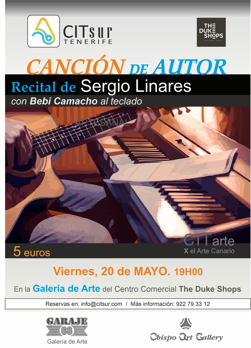 LA MÚSICA ES LA BANDA SONORA DE LA VIDA, Y POR ESO...
El viernes 20 de mayo te ofrecemos disfrutar de la Canción de Autor en el Recital de Sergio Linares acompañado de Bebi Camacho al teclado. 
Acércate a la Galería de Arte del Centro Comercial The Duke Shops a las 19h00.