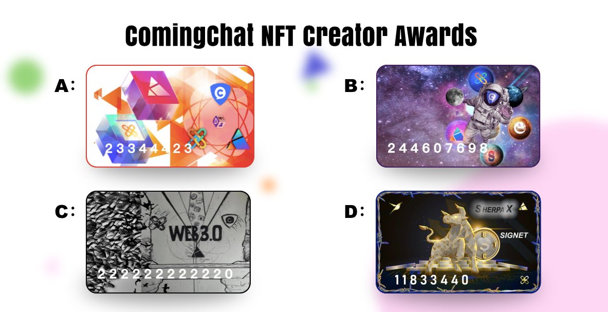 ComingChatApp's tweet photo. 🥰🥰🥰Congratulations! 
These 4 NFTs have been chosen by the ComingChat Team for the 'ComingChat NFT Creator Awards'. 
Vote for the best one and use A, B, C or D in comments to vote.🤣🤣🤣 https://t.co/vPViZcM7uP