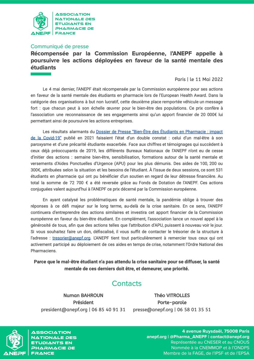 #CDP | Récompensée a l’ <a href="/EU_Commission/">European Commission</a>, l’ANEPF appelle à poursuivre les actions en faveur de la #SanteMentale des #étudiants📣

➡️ En vue d’une nouvelle vague d’Aides Ponctuelles d’Urgence, l’ANEPF lance un appel à la générosité via son Fonds De Dotation🤝
📩 tresorier@anepf.org