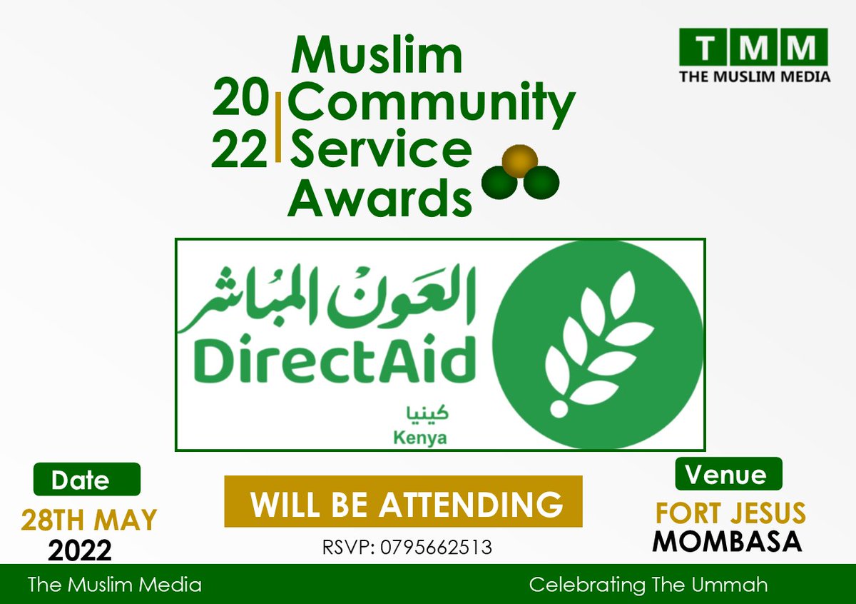TheMuslimMediaC's tweet photo. Direct Aid Kenya will be attending our Community Service Awards on 28th May in shaa Allah.

The event will be held at Fort Jesus in Mombasa County, in shaa Allah.

#communityserviceawards #muslimcommunityserviceawards #mcsa2022 #themuslimmedia #fortheummah https://t.co/6CnTuDRZen